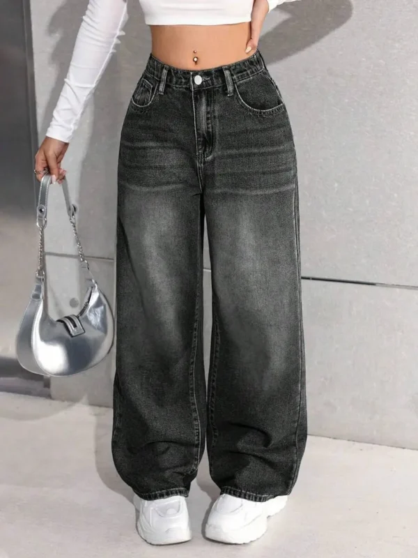 Women Wide Leg Mid Rise Black Jeans