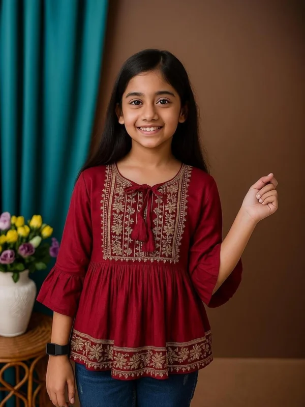 Safan Dresses Girls Party Cotton Blend A-line Top (Maroon, Pack of 1)