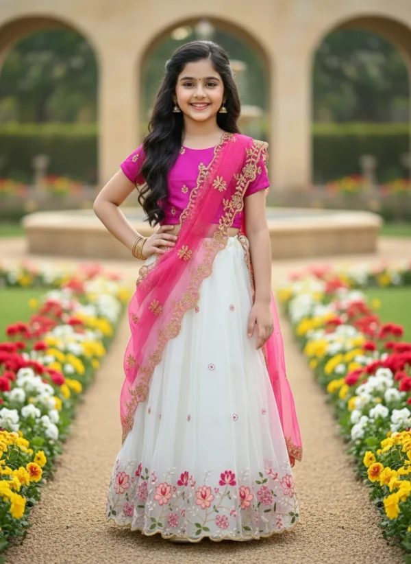 AKSHARDHAM Girls Lehenga Choli Ethnic Wear Embroidered Lehenga, Choli and Dupatta Set (White, Pack of 1)