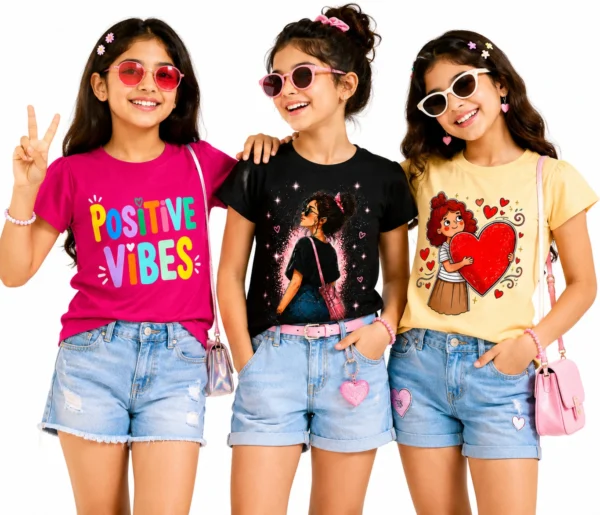 TomyBee Girls Typography, Graphic Print Pure Cotton Regular T Shirt (Multicolor, Pack of 3)
